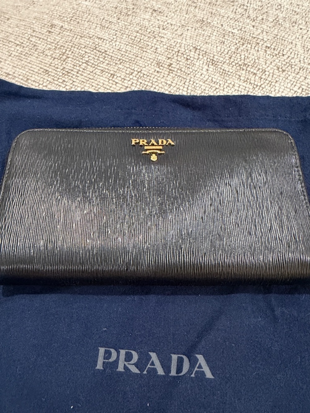 Prada Black Saffiano Zip-Around Wallet with Gold Logo